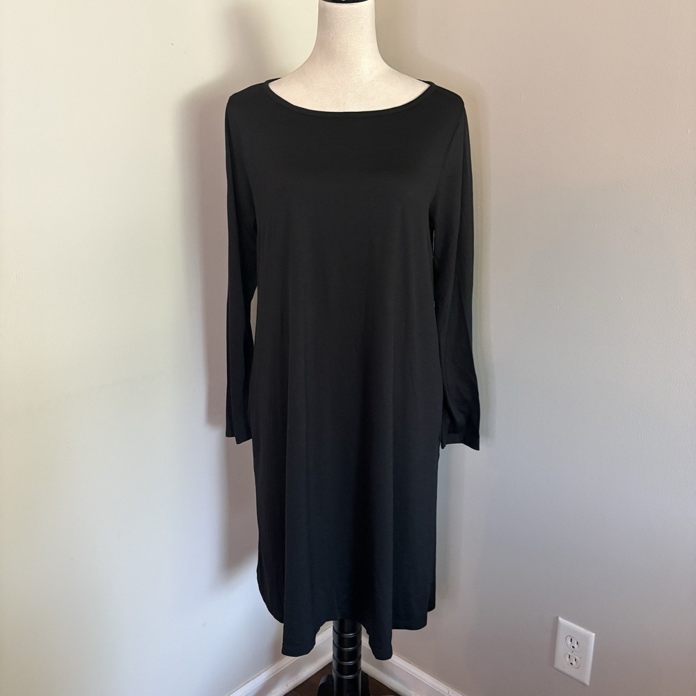 wool& Rowena Shift Dress Black Merino Wool Long Sleeve Pockets Womens Large Long